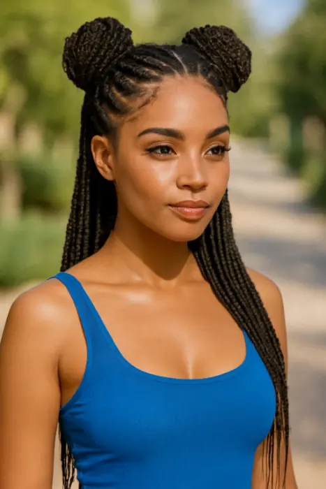 43 Stunning & Fresh Summer Hairstyles for Black Women 11 Box Braids Into Space Buns – Creative & Fun