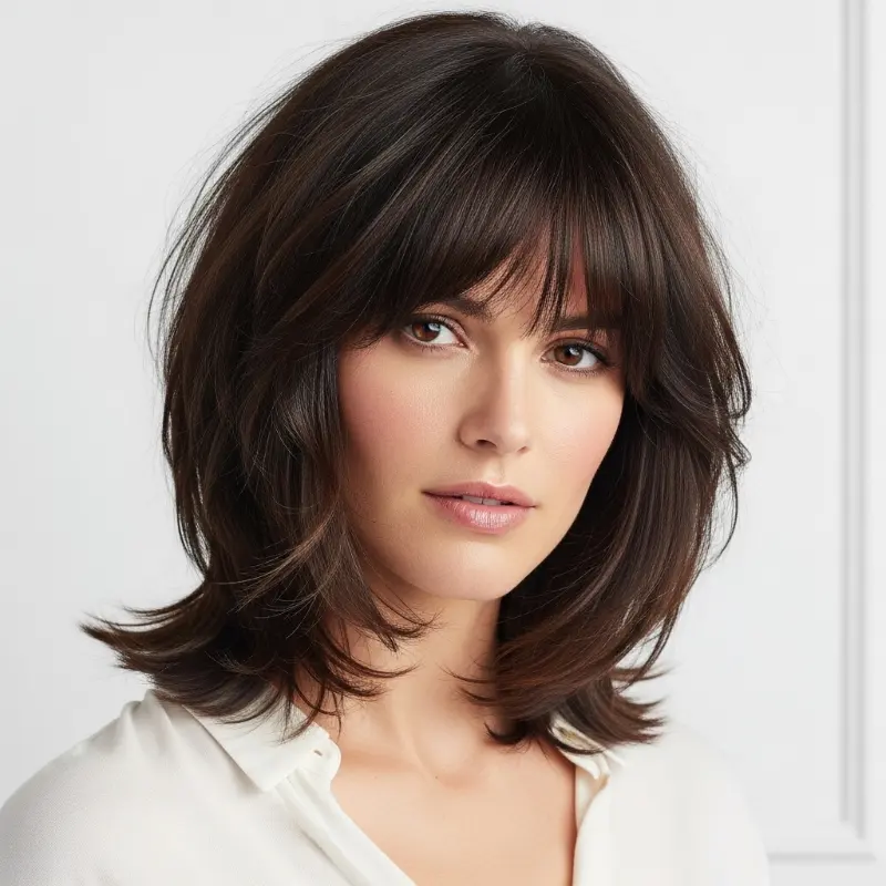 Brunette Shoulder Length Layers with Textured Bangs Brunette Shoulder Length Layers with Textured Bangs
