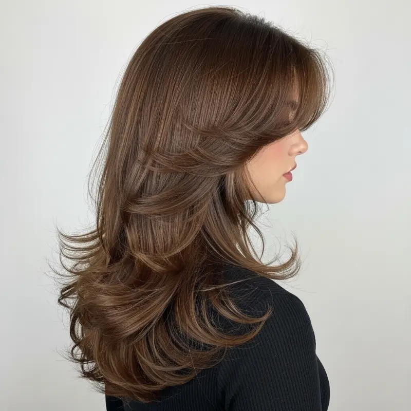 Chestnut Brown Long Layers with Soft Curtain Bangs Chestnut Brown Long Layers with Soft Curtain Bangs