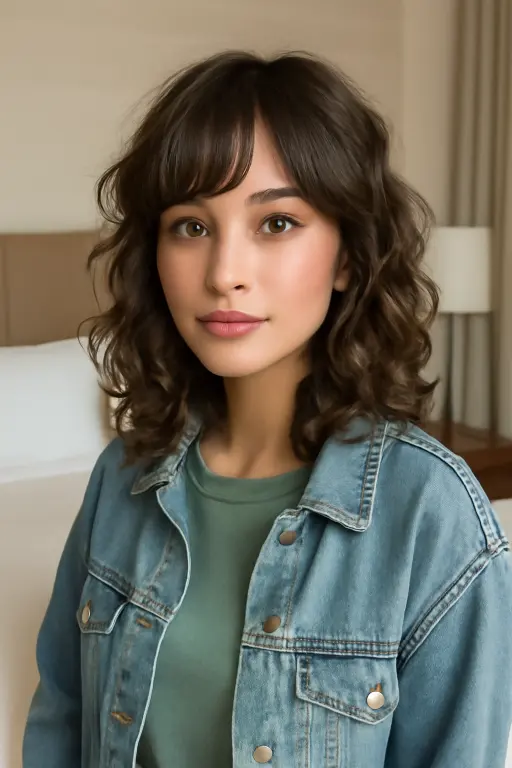 Curly Lob with Side-Swept Fringed Bangs Curly Lob with Side-Swept Fringed Bangs