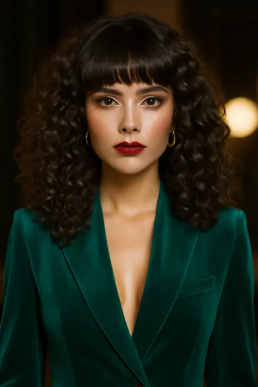 Curly Long Hair with Full, Rounded Bangs Curly Long Hair with Full, Rounded Bangs