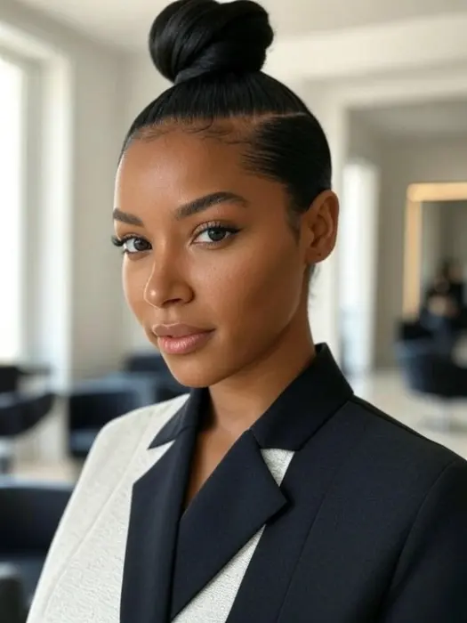 43 Stunning & Fresh Summer Hairstyles for Black Women 14 High Top Knot – Bold & Chic