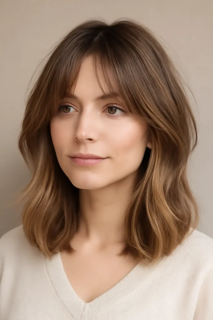 Layered Lob with Soft Curtain Bangs Layered Lob with Soft Curtain Bangs