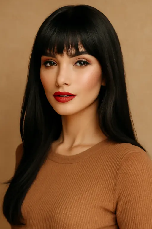Long Black Layers with Blunt Bangs Long Black Layers with Blunt Bangs