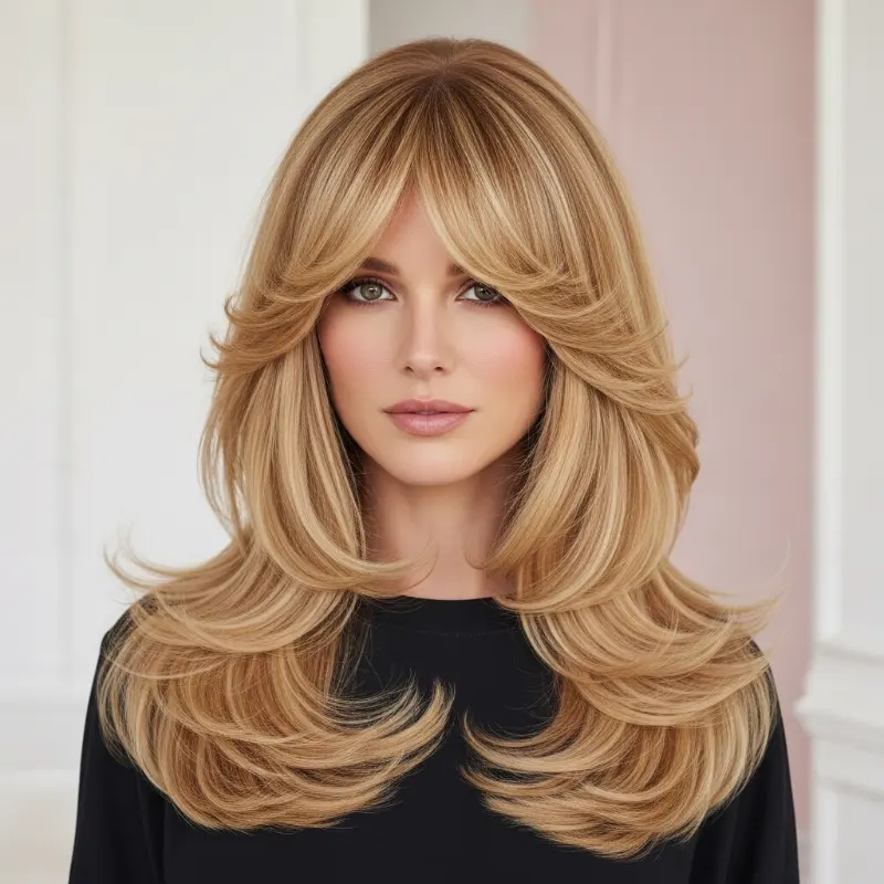 Long Blonde Layers with Feathered Bangs Long Blonde Layers with Feathered Bangs
