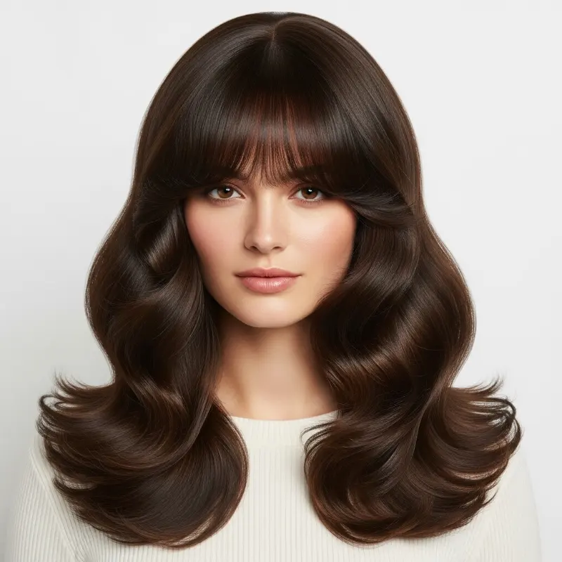 Long Brunette Waves with Soft Curtain Bangs Long Brunette Waves with Soft Curtain Bangs