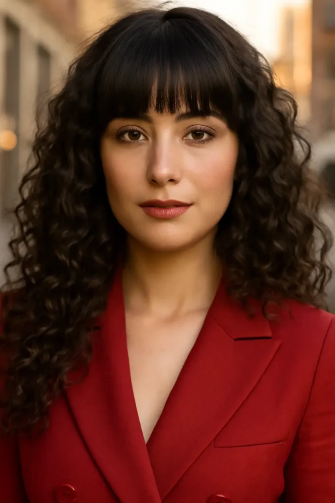 Long Curly Layers with Full Bangs Long Curly Layers with Full Bangs