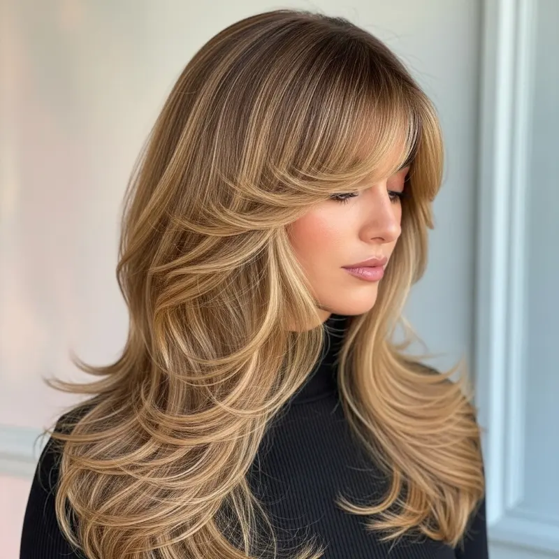 Long Honey-Blonde Layers with Soft Curtain Bangs Long Honey-Blonde Layers with Soft Curtain Bangs