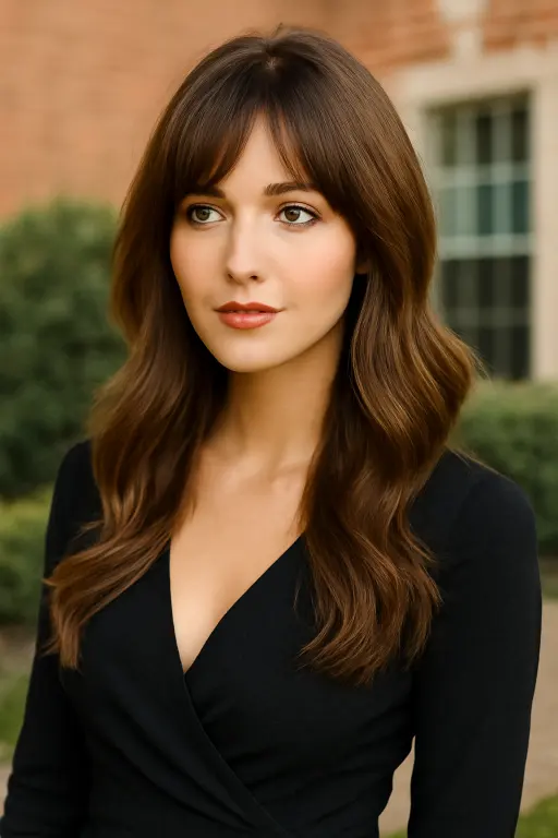 Long Layered Brown Waves with Blended Bangs Long Layered Brown Waves with Blended Bangs