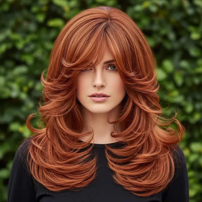 Long Layered Copper Waves with Full Bangs Long Layered Copper Waves with Full Bangs