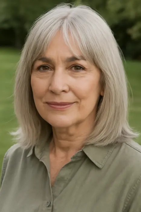 35 Hairstyles for Women Over 60 with Sleek Hair and Grace 4 Medium-Length Straight Hair with Curtain Bangs