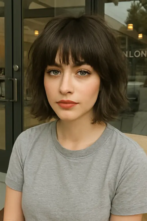 Messy Bob with Full, Bold Bangs Messy Bob with Full, Bold Bangs