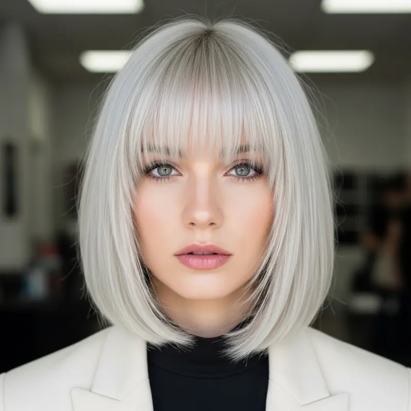 Platinum Blonde Lob with Soft, Full Bangs Platinum Blonde Lob with Soft, Full Bangs