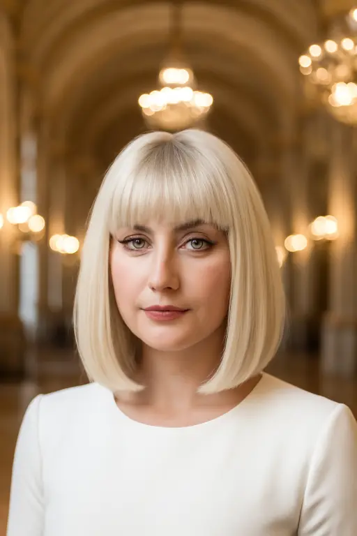 Platinum Blonde Lob with Soft, Full Bangs Platinum Blonde Lob with Soft, Full Bangs
