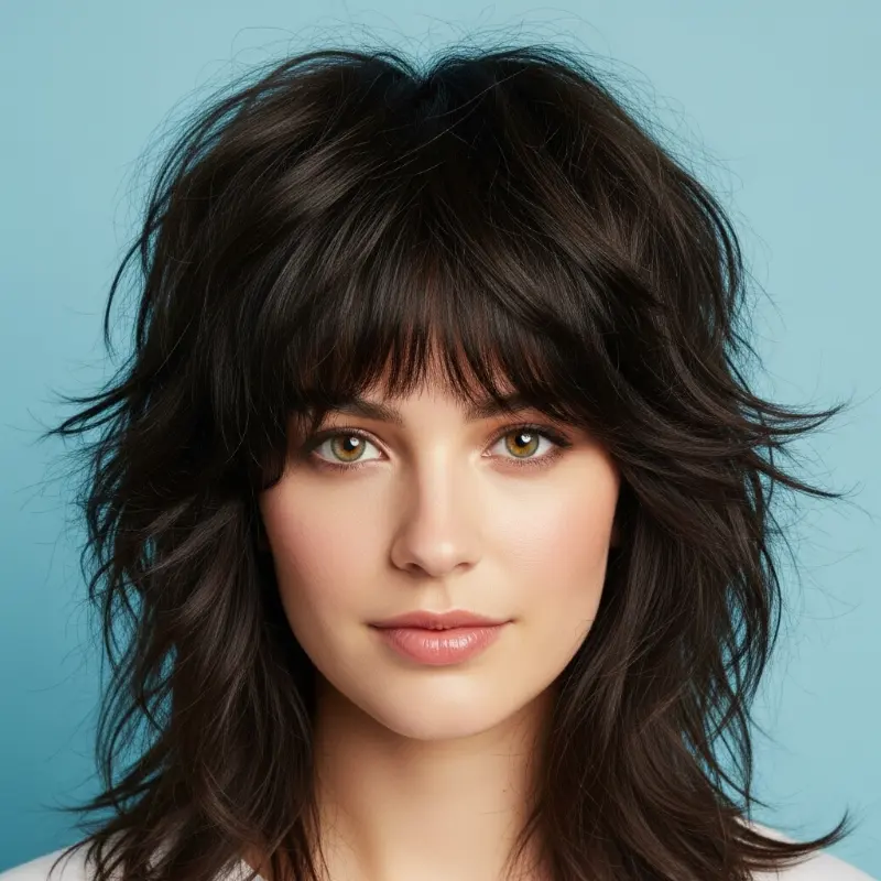 Shaggy Brunette Layers with Feathered Bangs Shaggy Brunette Layers with Feathered Bangs