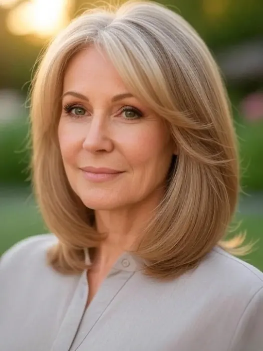 35 Hairstyles for Women Over 60 with Sleek Hair and Grace 16 Side-Swept Long Bob with Subtle Highlights