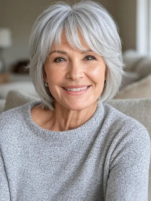 35 Hairstyles for Women Over 60 with Sleek Hair and Grace 17 Silver Lob with Layers