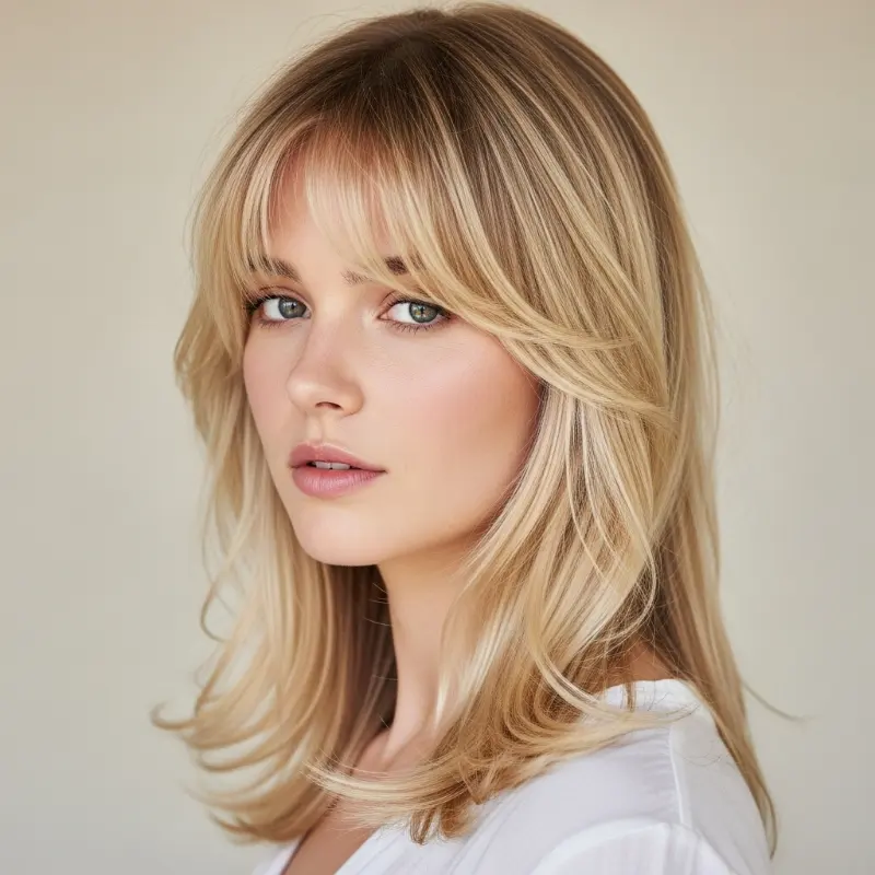 Soft Blonde Face-Framing Layers with Wispy Ba Soft Blonde Face-Framing Layers with Wispy Ba
