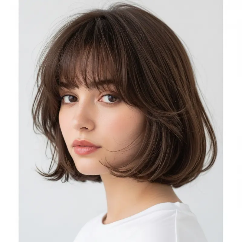 Soft Brunette Bob with Wispy Bangs Soft Brunette Bob with Wispy Bangs