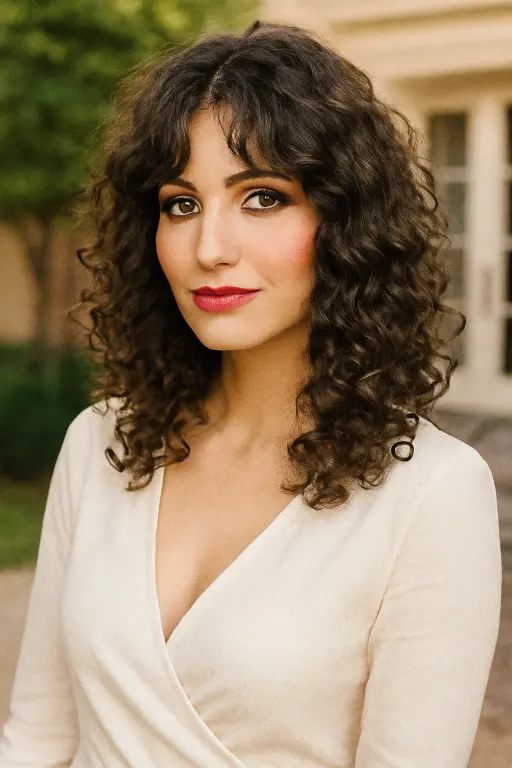 Soft Curly Layers with Curtain Bangs Soft Curly Layers with Curtain Bangs