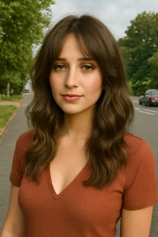 Subtle Wavy Layers with Blended Curtain Bangs Subtle Wavy Layers with Blended Curtain Bangs