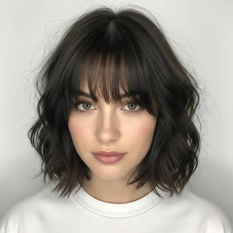 Textured Brunette Bob with Soft, Wispy Bangs Textured Brunette Bob with Soft, Wispy Bangs