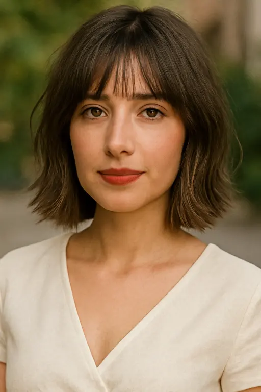 Textured Brunette Bob with Soft Wispy Bangs Textured Brunette Bob with Soft Wispy Bangs