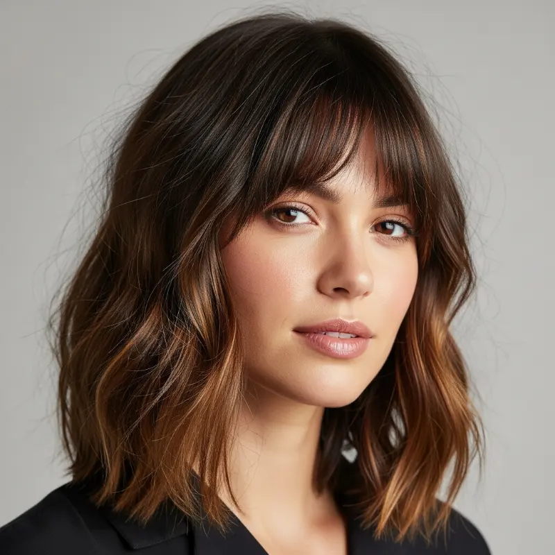 Textured Brunette Lob with Soft Bangs Textured Brunette Lob with Soft Bangs