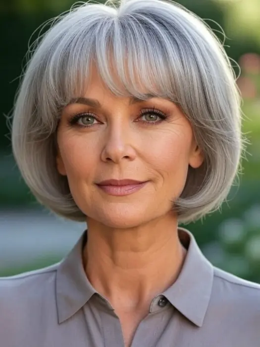 35 Hairstyles for Women Over 60 with Sleek Hair and Grace 18 Textured Gray Bob with Wispy Bangs