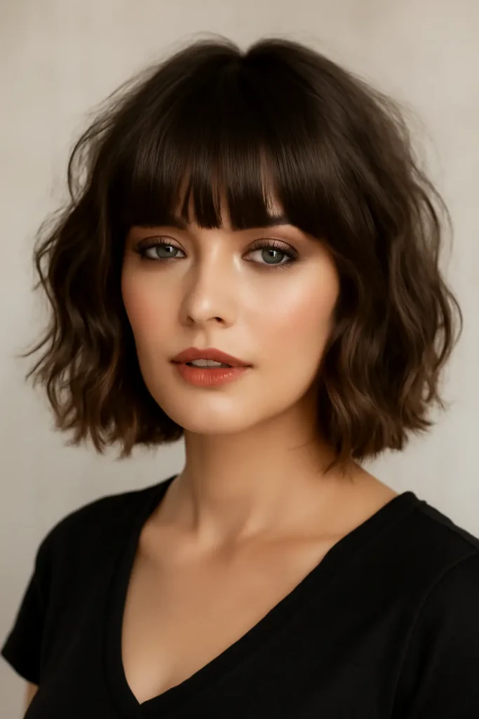 Textured Wavy Bob with Full Bangs Textured Wavy Bob with Full Bangs