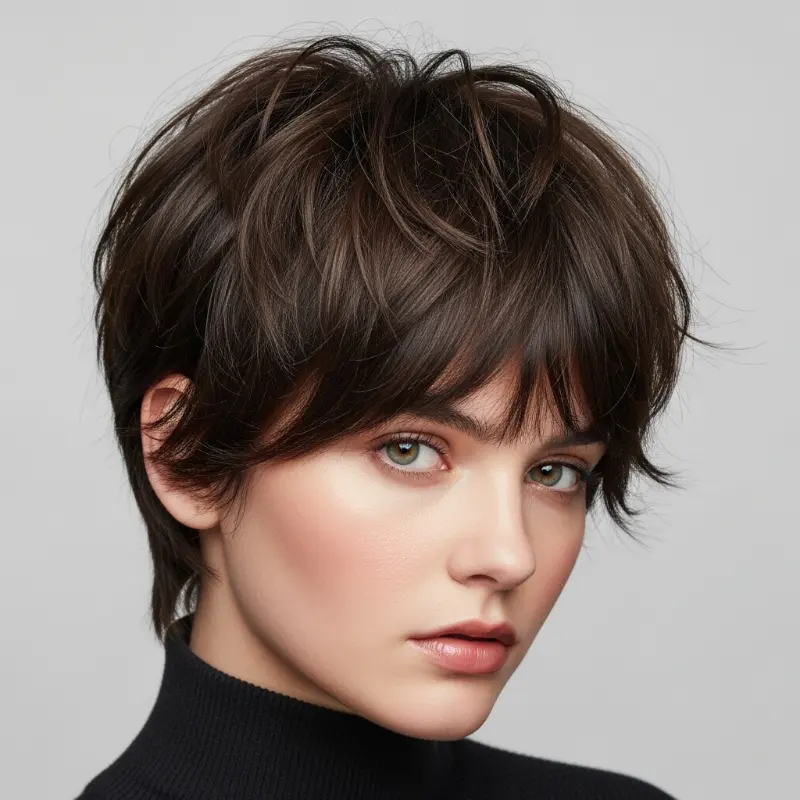 Tousled Brunette Pixie with Soft Layers and Wispy Bangs Tousled Brunette Pixie with Soft Layers and Wispy Bangs