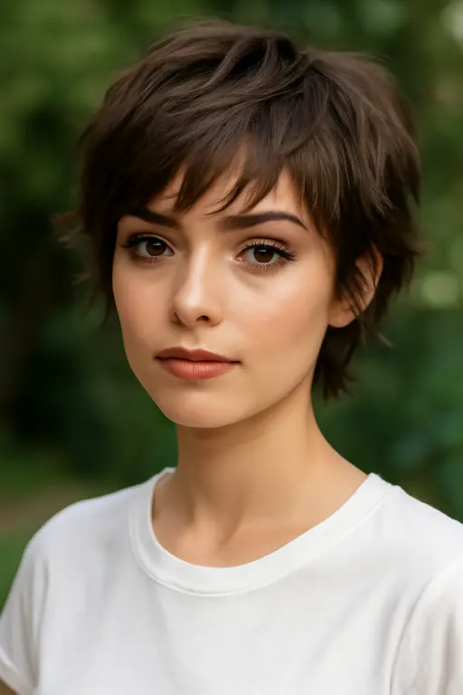 Tousled Brunette Pixie with Soft Layers and Wispy Bangs Tousled Brunette Pixie with Soft Layers and Wispy Bangs