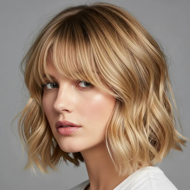 Wavy Blonde Bob with Side-Swept Bangs Wavy Blonde Bob with Side-Swept Bangs
