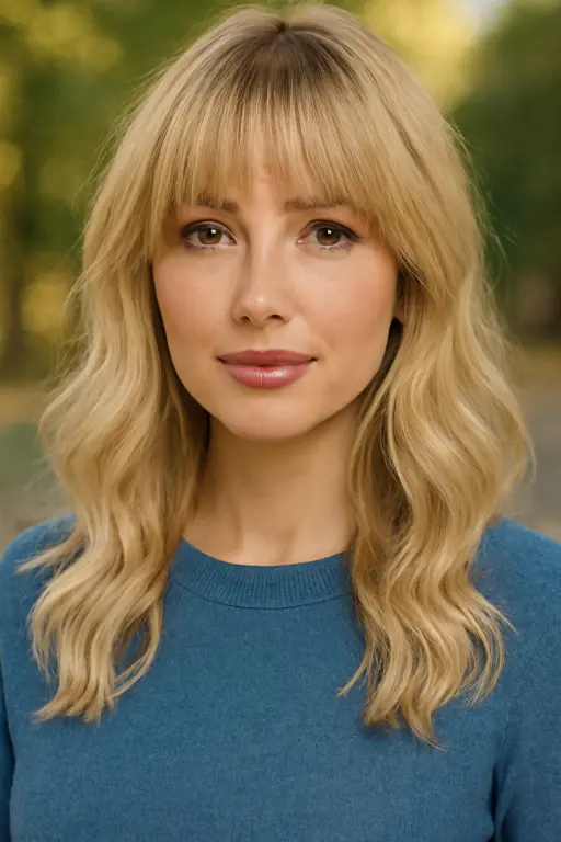 Wavy Blonde Layers with Full, Airy Bangs Wavy Blonde Layers with Full, Airy Bangs