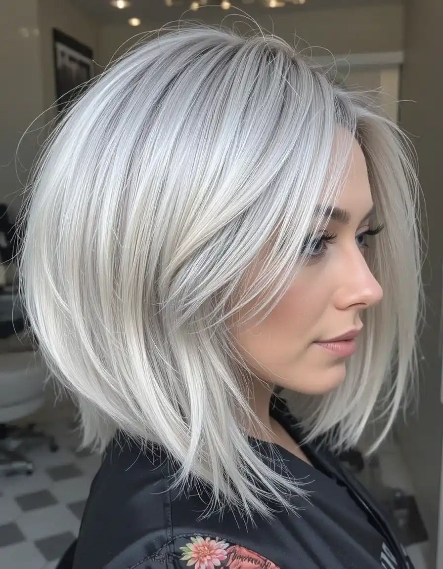 Angled Silver Bob to Blend Greys Gracefully Angled Silver Bob to Blend Greys Gracefully