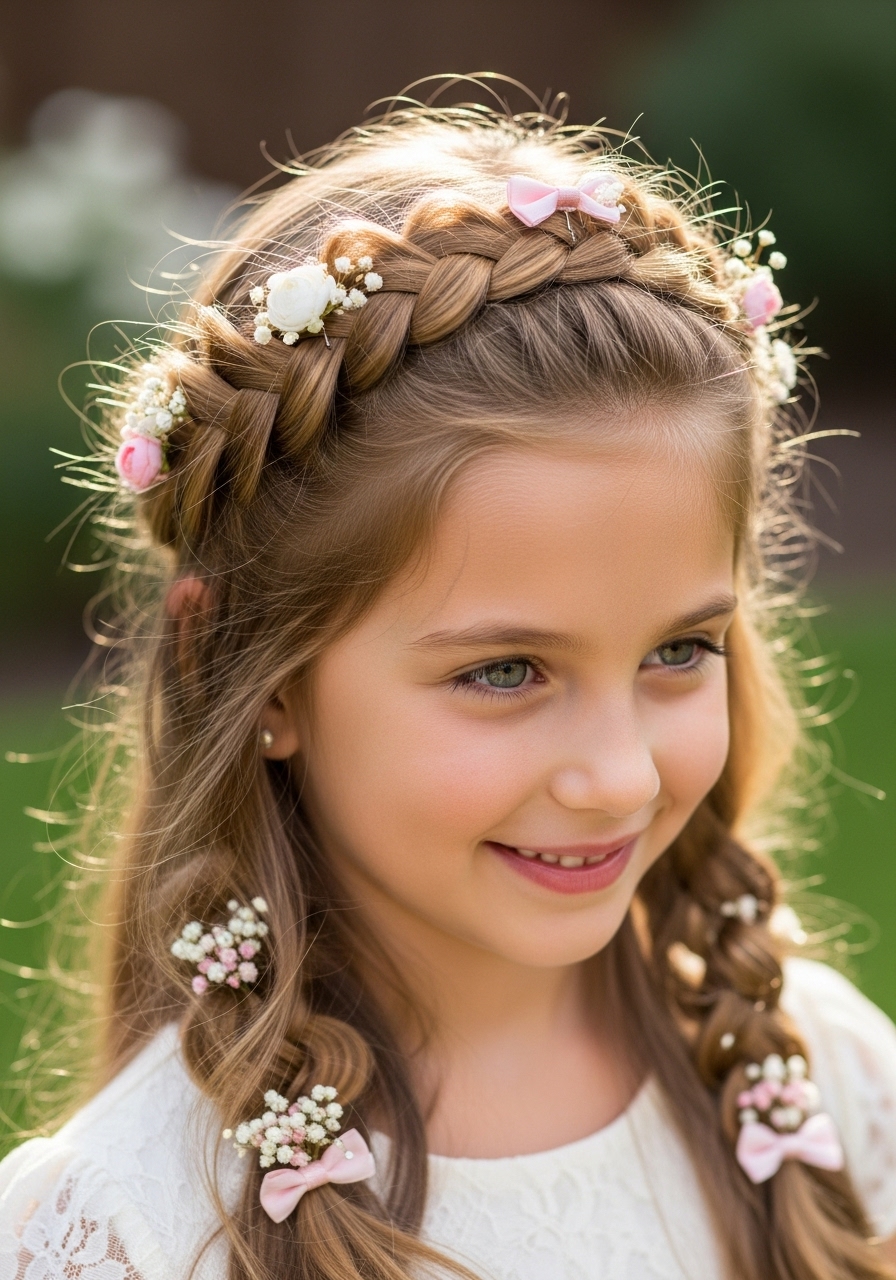 Braided Crown with Floral Pins (Kids Hairstyles) Braided Crown with Floral Pins (Kids Hairstyles)