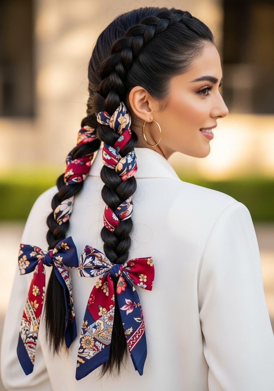 Braided Pigtails with Ribbon or Scarf Braided Pigtails with Ribbon or Scarf