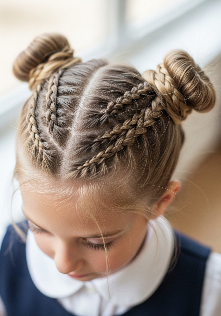 Dutch Braids into Pigtail Buns - Kids Hairstyles Dutch Braids into Pigtail Buns - Kids Hairstyles
