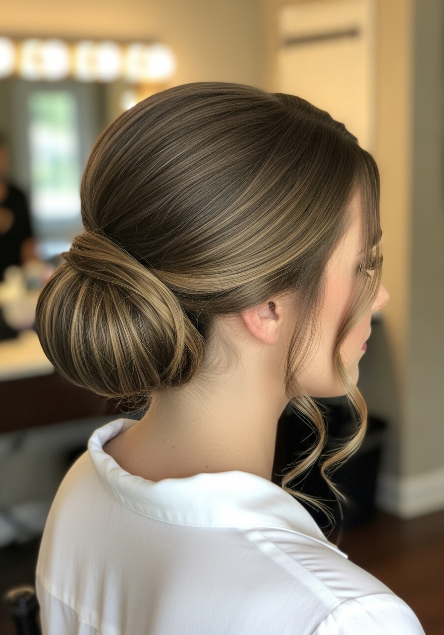 Elegant Low Bun with Face-Framing Tendrils Elegant Low Bun with Face-Framing Tendrils