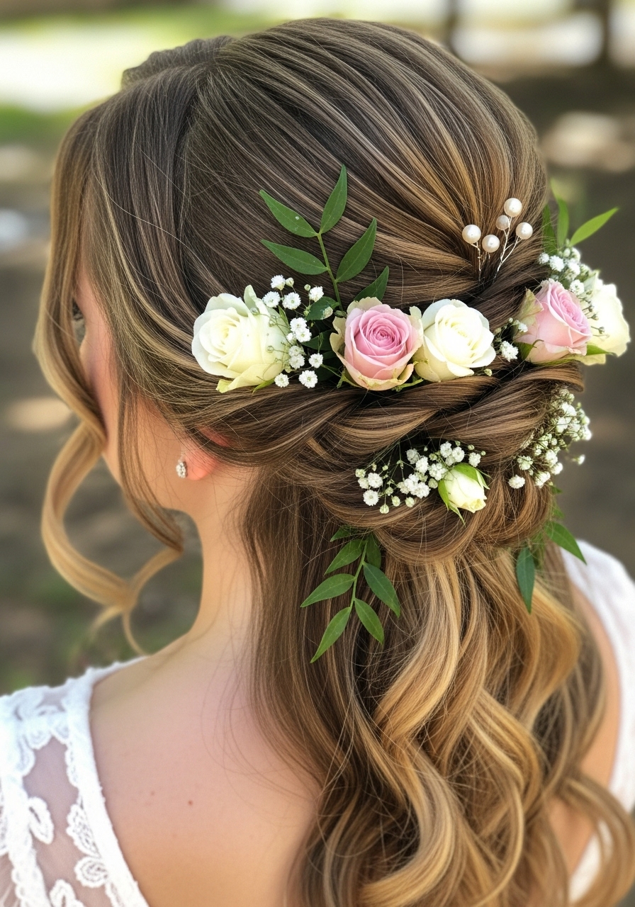 Half-Up Twisted Updo with Floral Accent Half-Up Twisted Updo with Floral Accent