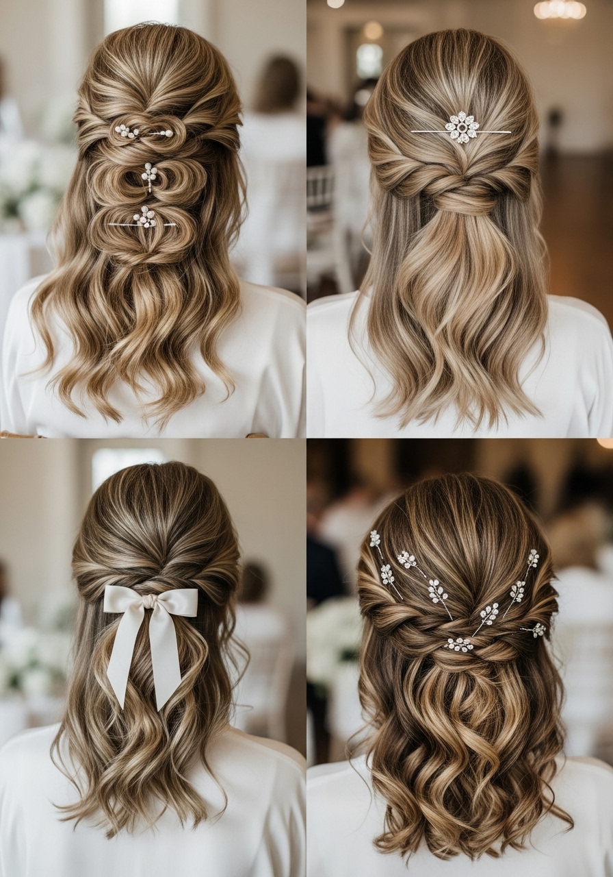 Half-Up Wedding Guest Hairstyles with Accessories Half-Up Wedding Guest Hairstyles with Accessories