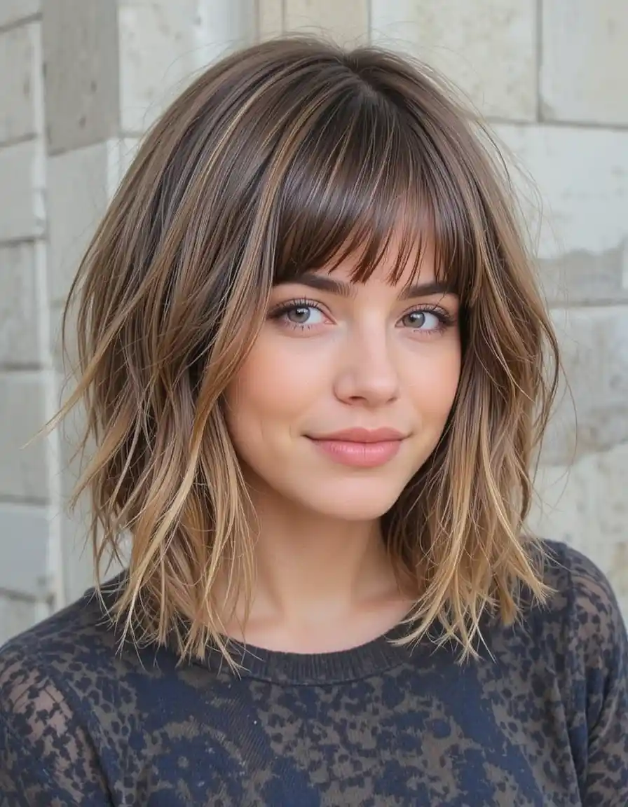 Shoulder-Length Tousled Shag with Bangs for Soft Layers Shoulder-Length Tousled Shag with Bangs for Soft Layers