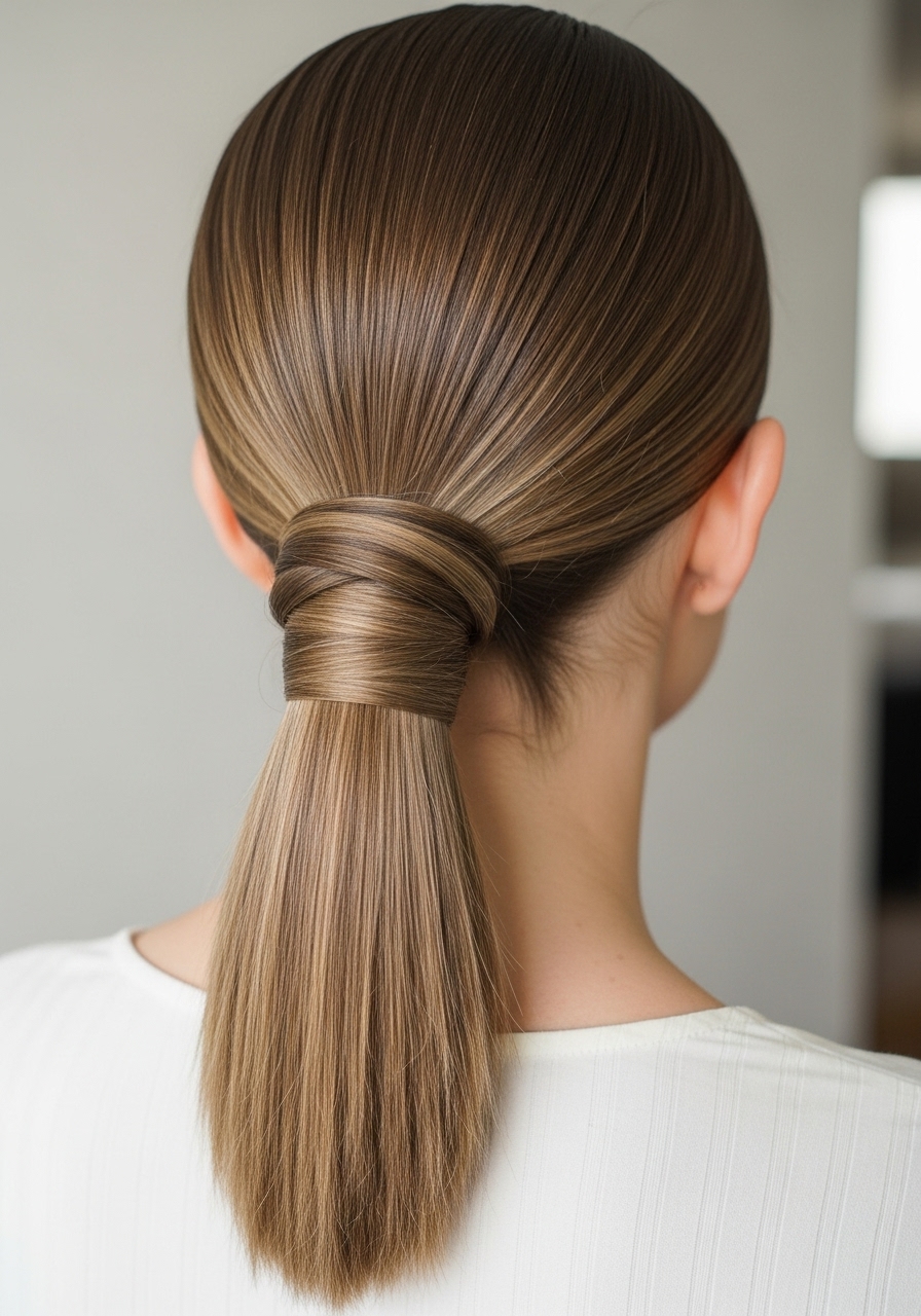 Sleek Low Ponytail with Wrap Around Sleek Low Ponytail with Wrap Around