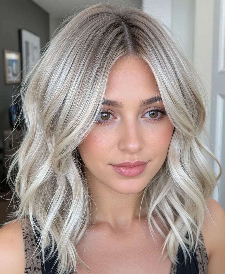 Textured Platinum Lob with Money Piece Textured Platinum Lob with Money Piece