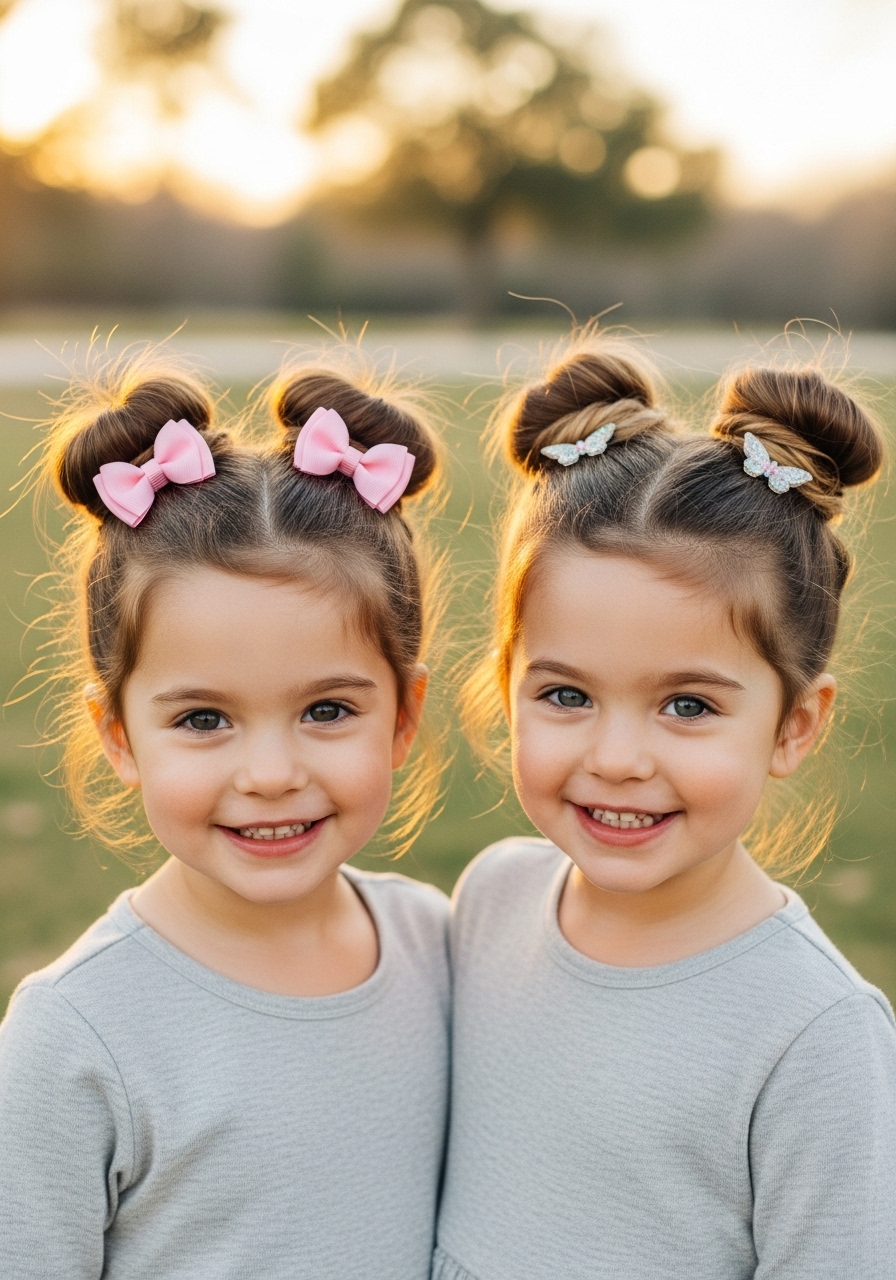 18 Toddler Hairstyles Girl – Easy Ideas 2025 2 Twin Mini Buns with Accessories