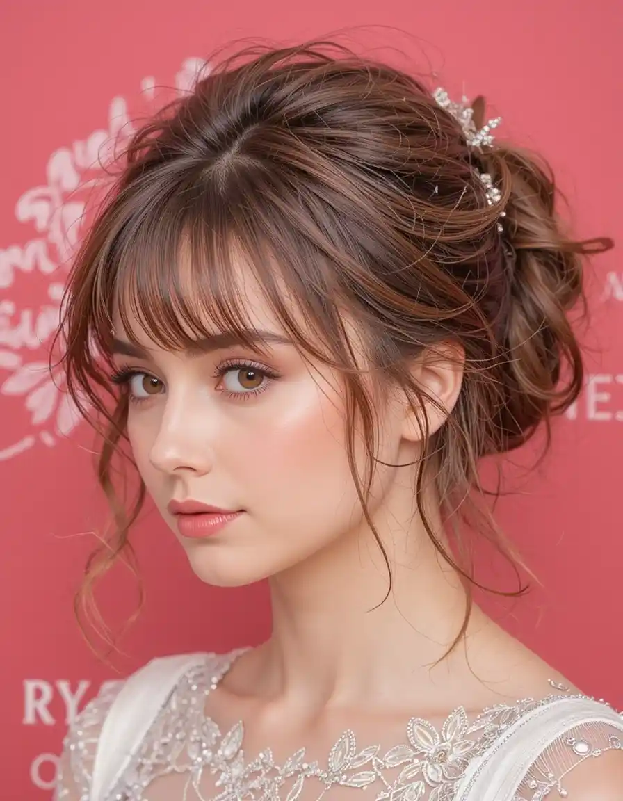Wispy Updo with Face-Framing Bangs Wispy Updo with Face-Framing Bangs